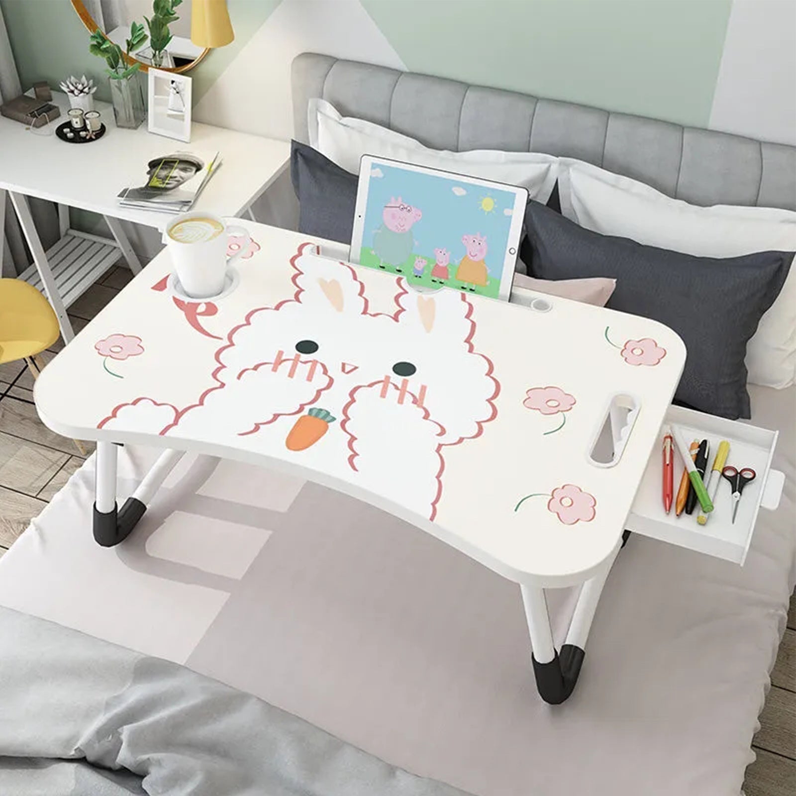 SOGA 2X Cute Rabbit Design Portable Bed Table Adjustable Foldable Bed Sofa Study Table Laptop Mini Desk with Drawer and Cup Slot Home Decor