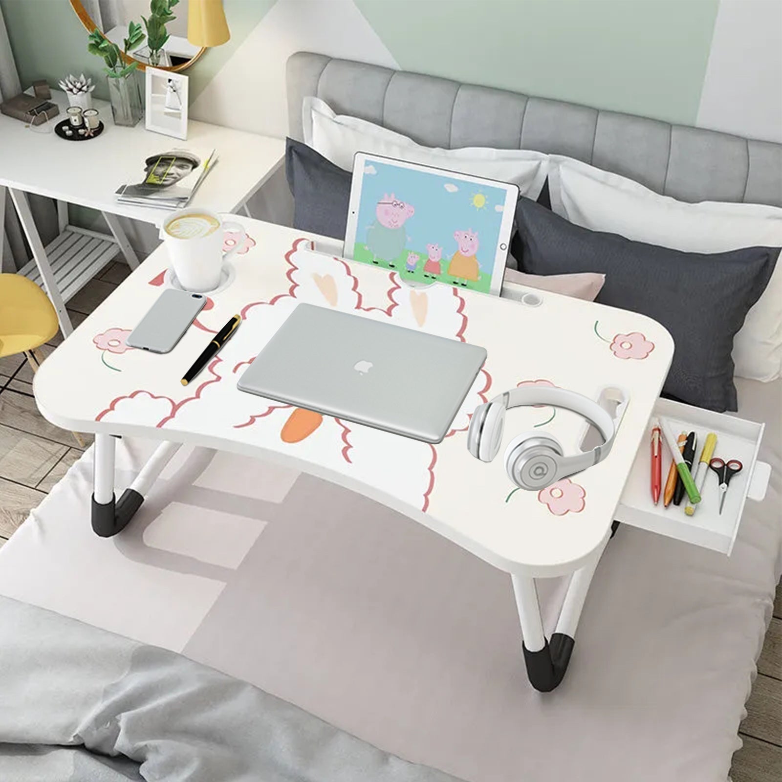 SOGA 2X Cute Rabbit Design Portable Bed Table Adjustable Foldable Bed Sofa Study Table Laptop Mini Desk with Drawer and Cup Slot Home Decor