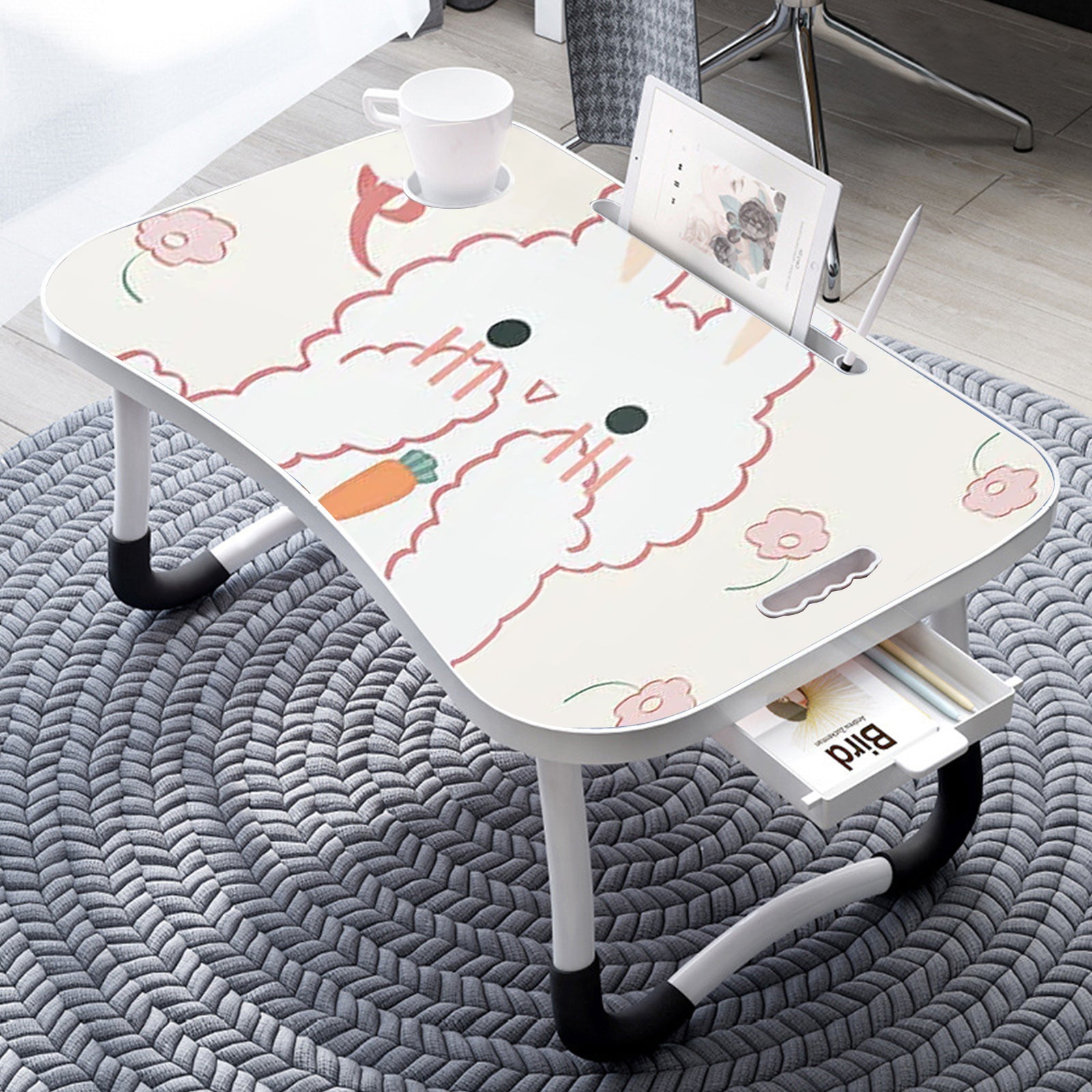 SOGA 2X Cute Rabbit Design Portable Bed Table Adjustable Foldable Bed Sofa Study Table Laptop Mini Desk with Drawer and Cup Slot Home Decor