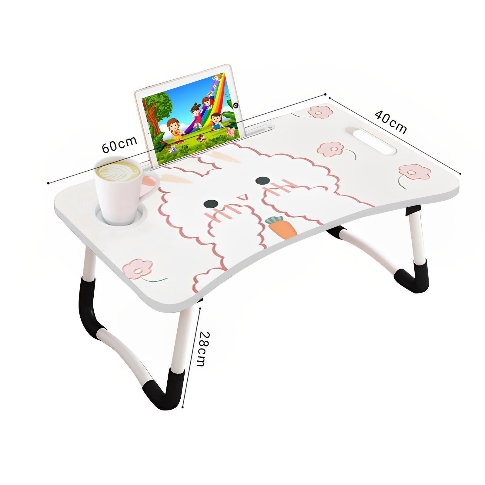 SOGA 2X Cute Rabbit Design Portable Bed Table Adjustable Foldable Bed Sofa Study Table Laptop Mini Desk with Drawer and Cup Slot Home Decor