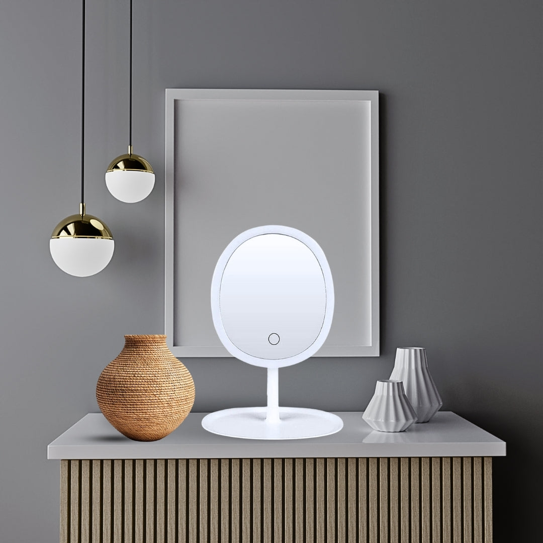 SOGA 2X 26cm White Oval Smart LED Makeup Bedroom Table Vanity Mirror Tricolor Adjustable Light