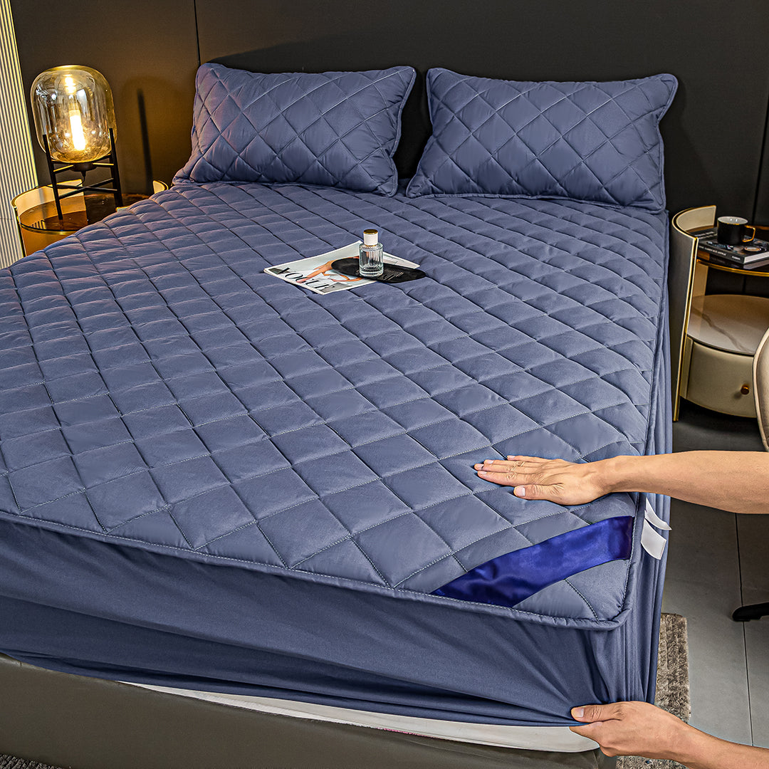 SOGA Blue 183cm Wide Cross-Hatch Mattress Cover Thick Quilted Stretchable Bed Spread Sheet Protector with Pillow Covers
