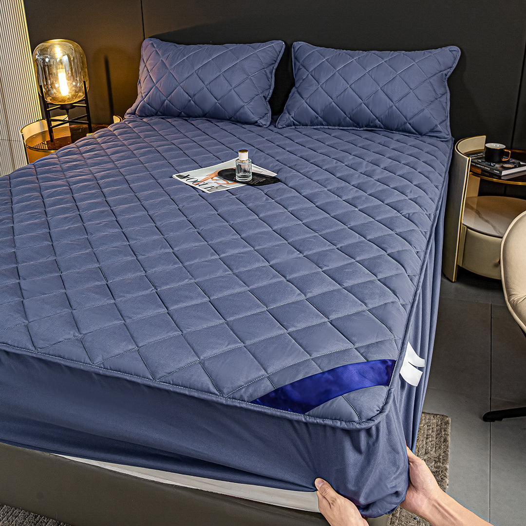SOGA Blue 183cm Wide Cross-Hatch Mattress Cover Thick Quilted Stretchable Bed Spread Sheet Protector with Pillow Covers