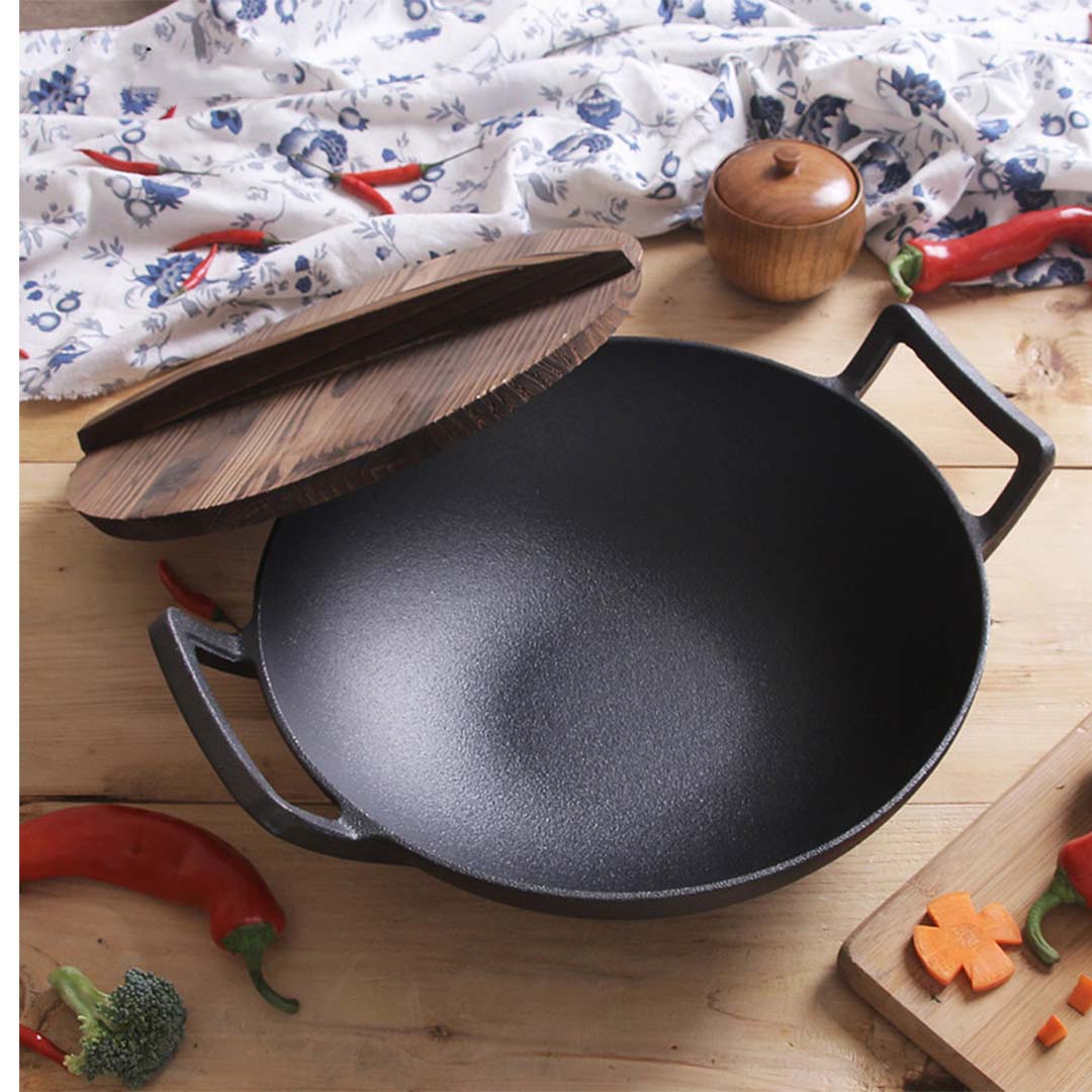 32cm Cast Iron Wok Frying Pan