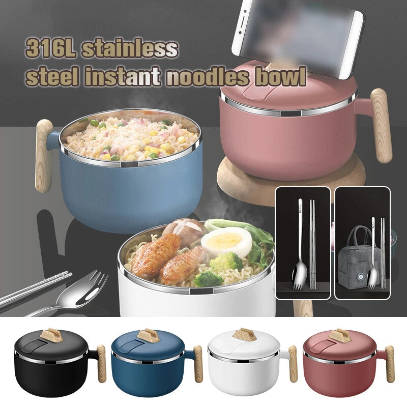 1.2L Instant Noodle Large Cereal Bowl Soup Mug Sealing Lid w/Phone Holder Handle